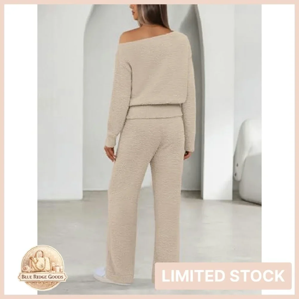 Fuzzy Fleece Off Shoulder Pajama Set Chic Loungewear Wide Leg Pants